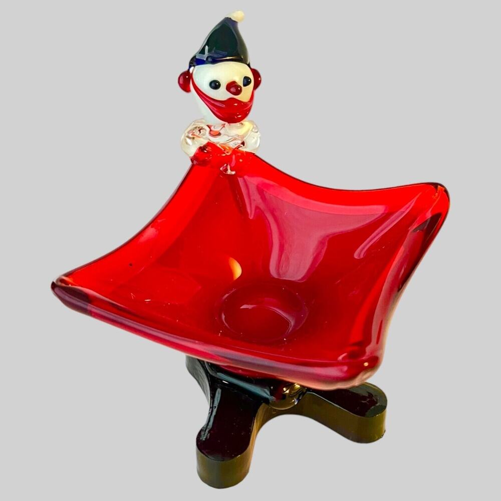 Murano Glass Clown Candy Dish Vase Italy Art Figurine 6" Square Red Black 60s